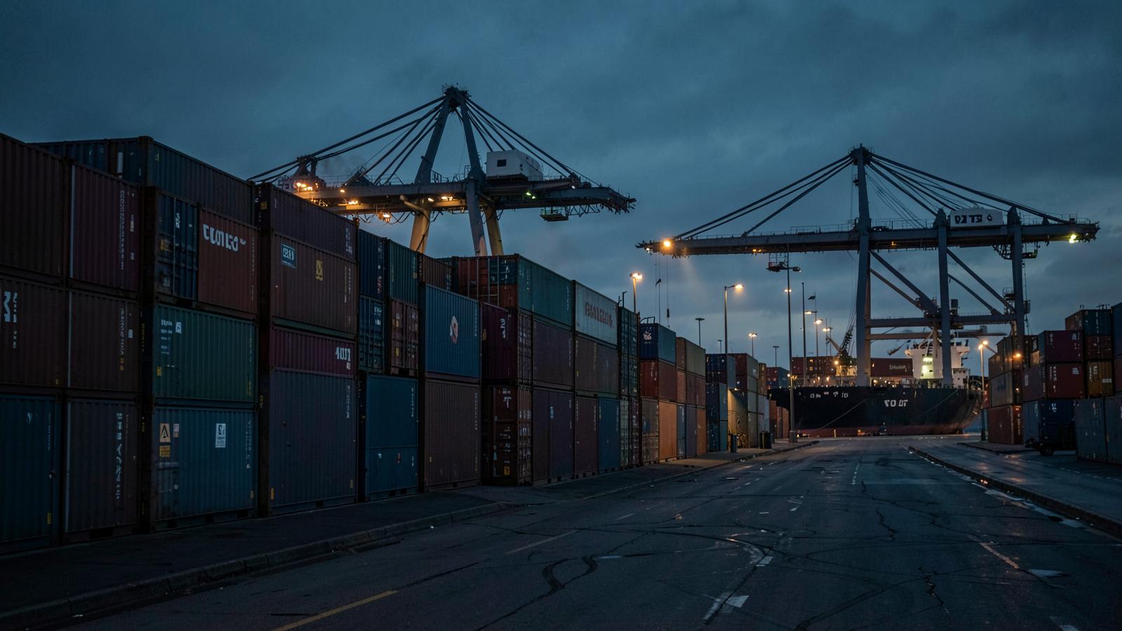 Container terminal at dusk with gantry cranes and stacked containers