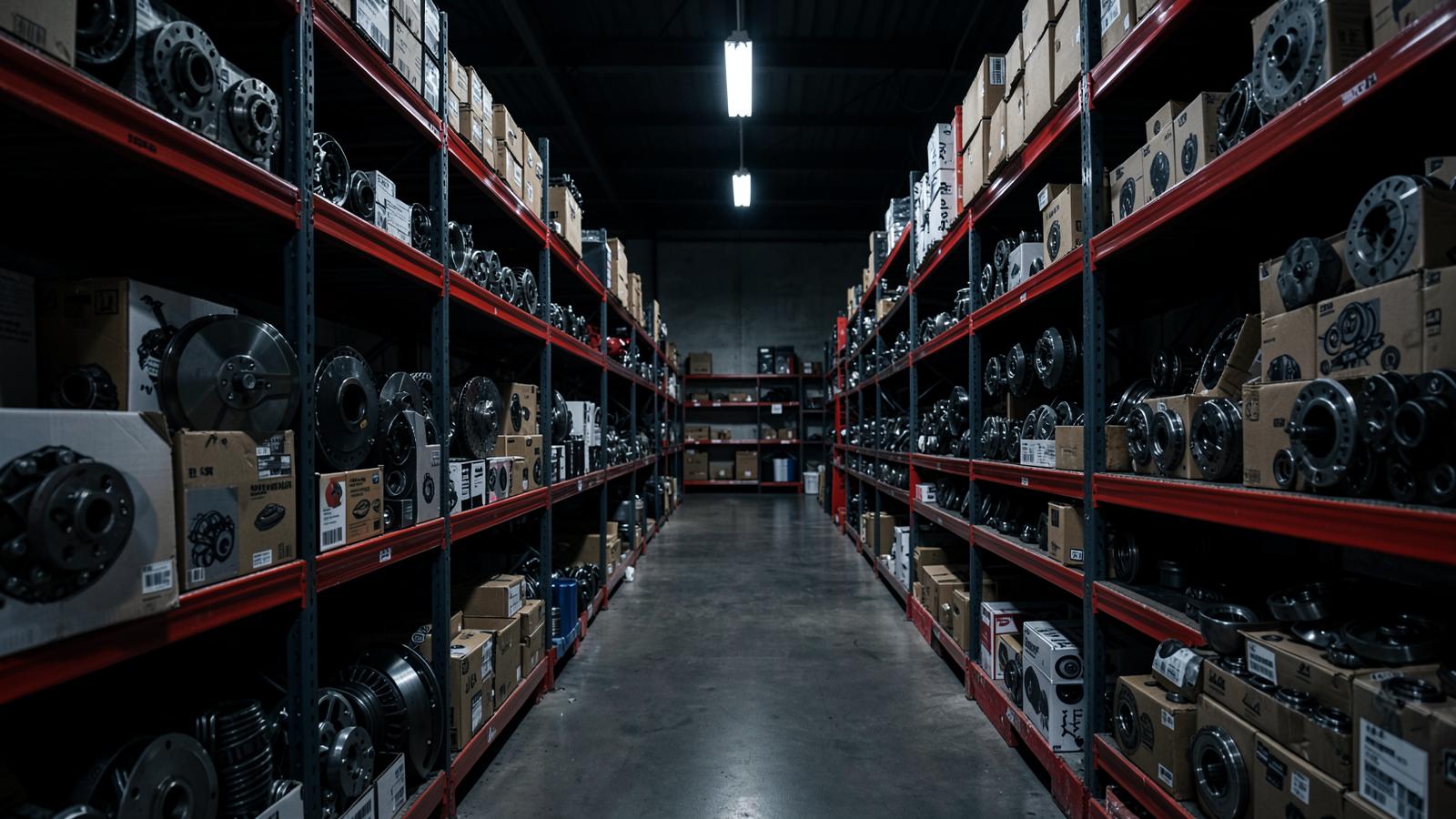 Automotive parts warehouse aisle stocked with brake components and filters